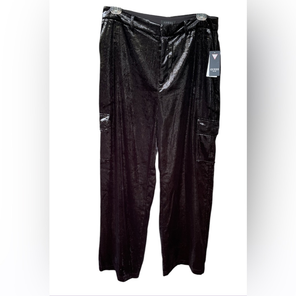 GUESS Women's Jolie High-Rise Velvet Cargo Pants Size L Black Satin Cargo Pants - Picture 10 of 12